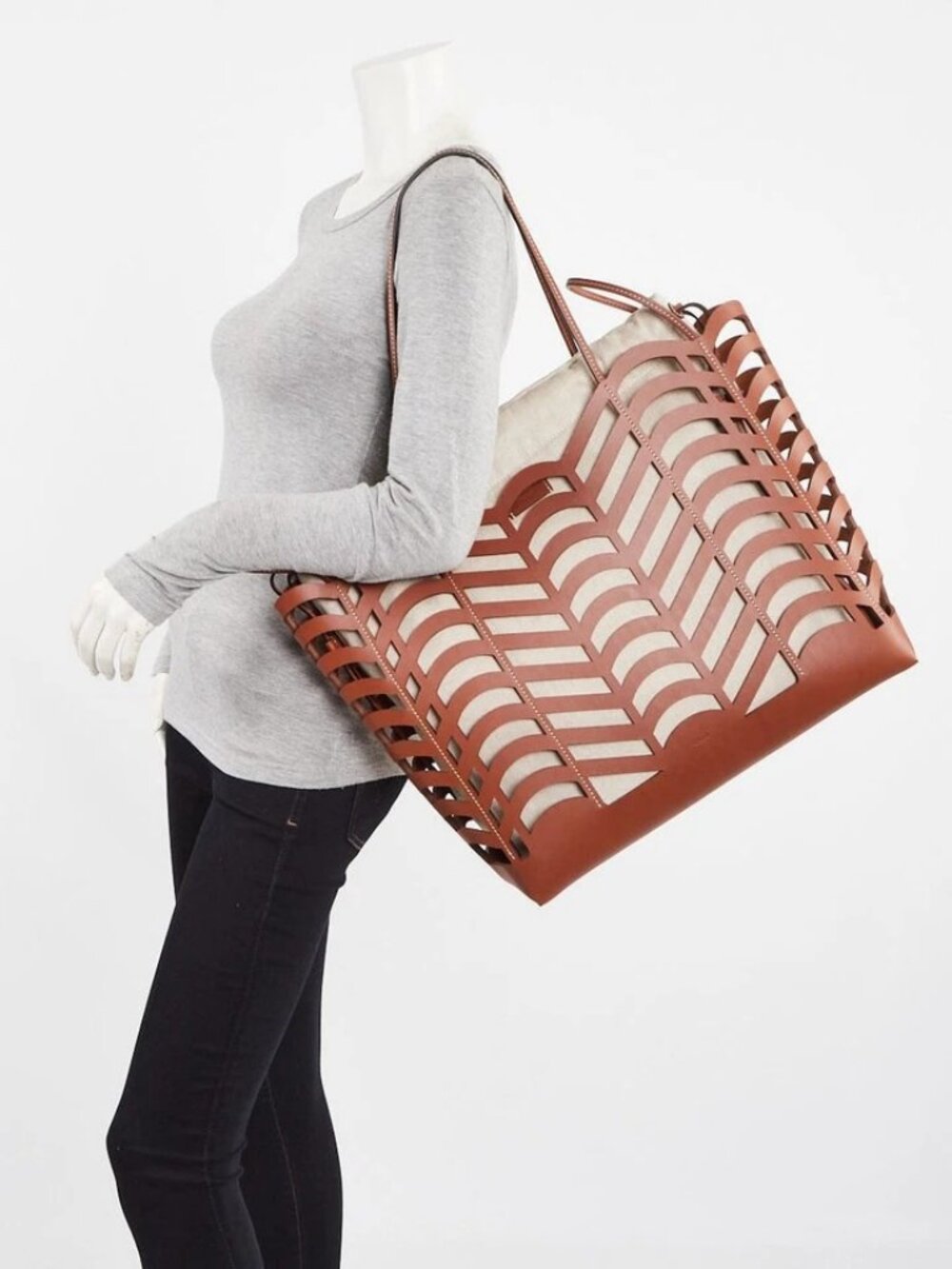 Chloe Brown/Beige Leather/Canvas Kayan Perforated Medium Tote Bag - Picture 4 of 12